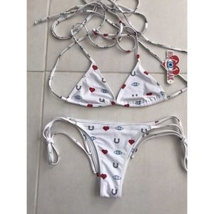 White Bikini Set with Eye and Heart Print